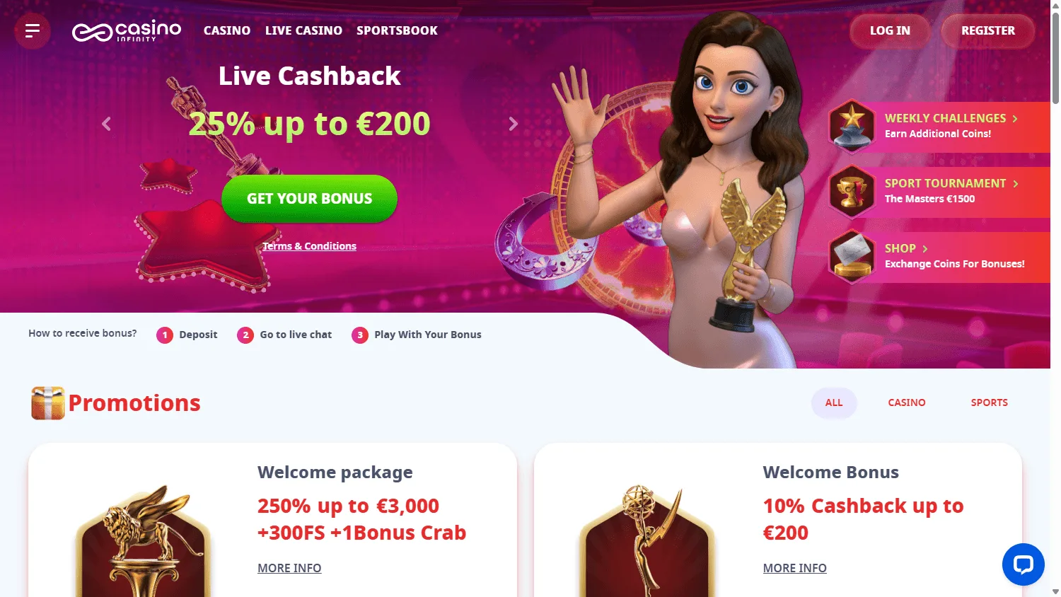 Casino Infinity promotions area on desktop