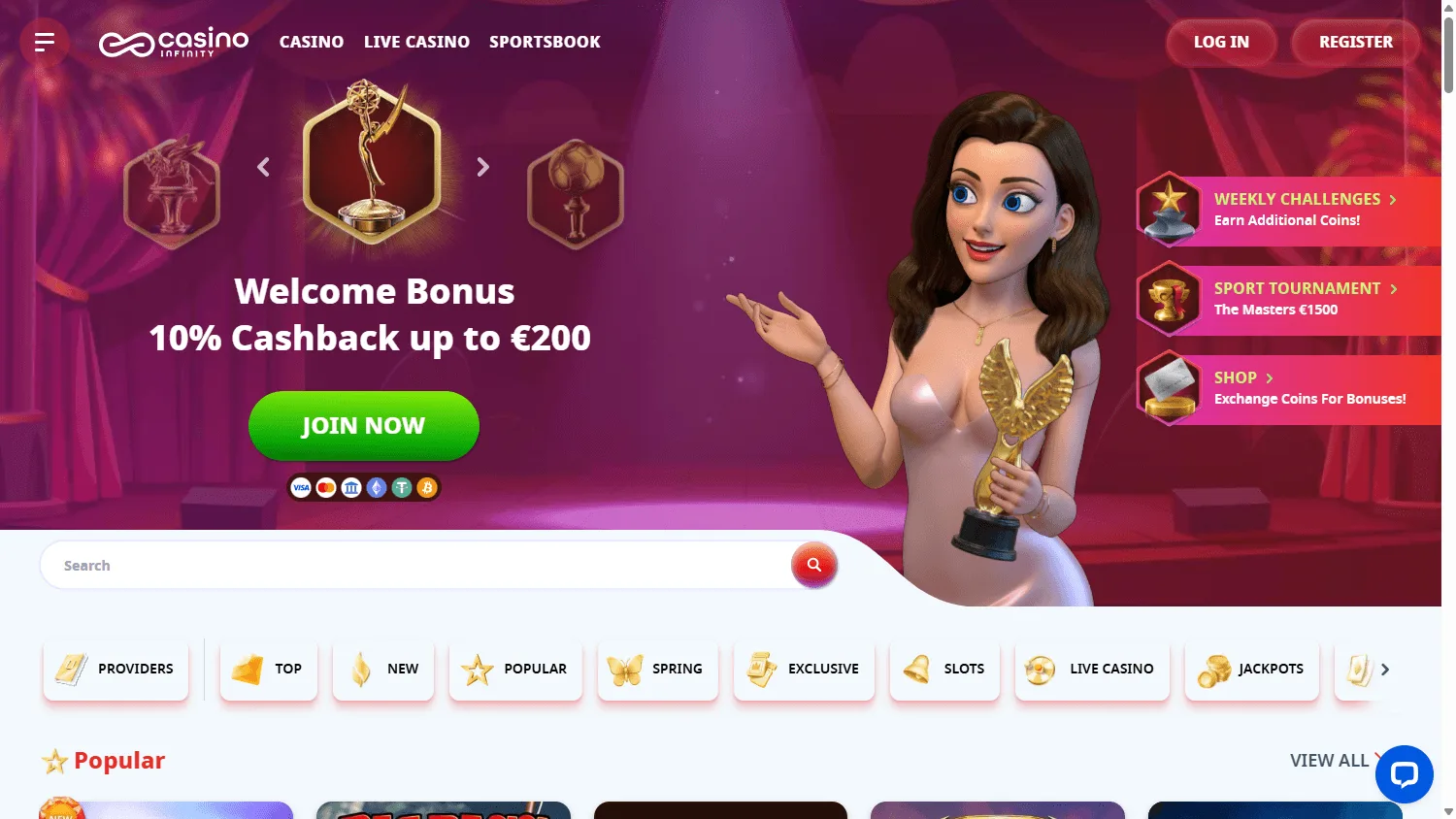 Casino Infinity homepage on desktop
