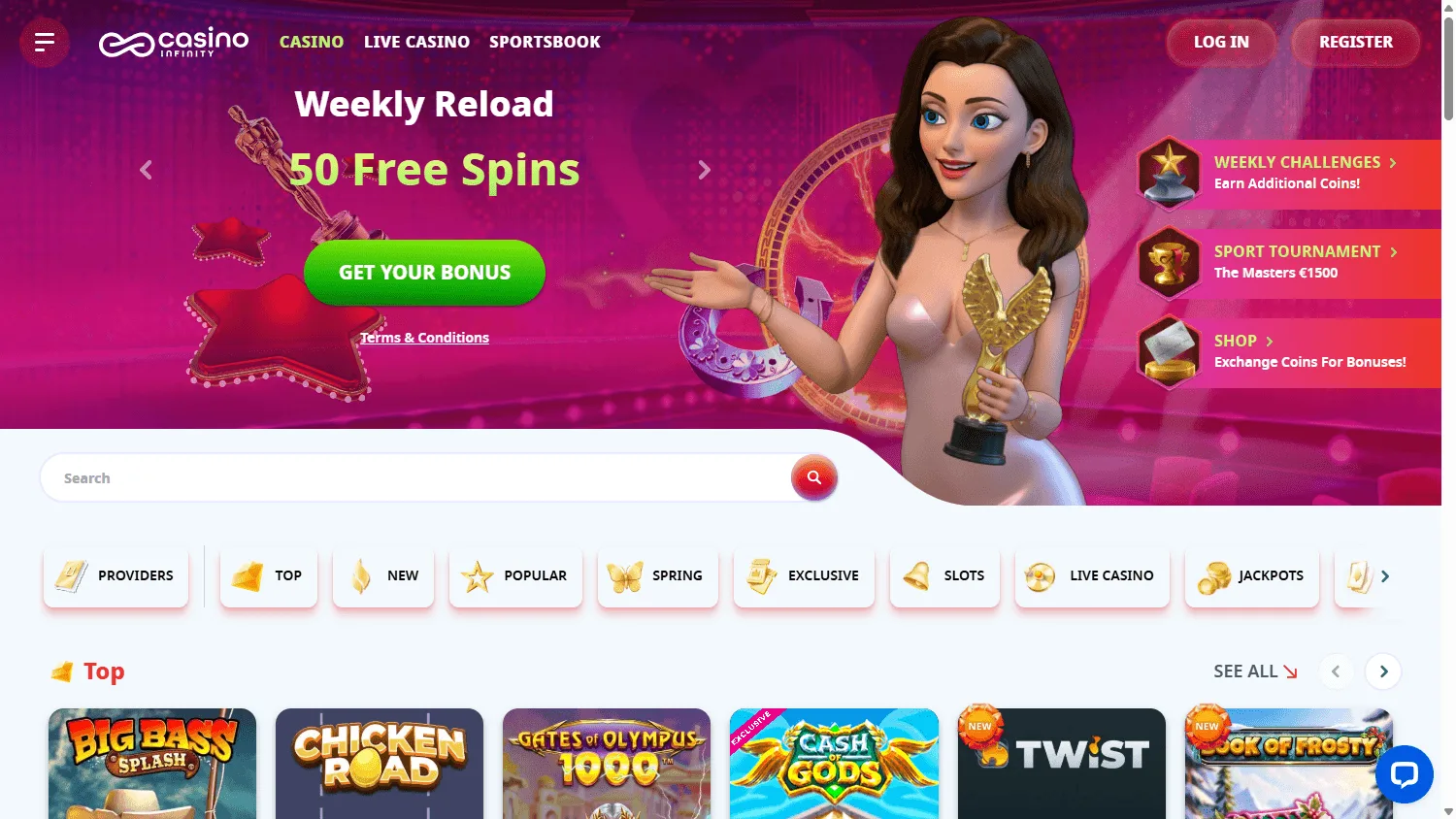Casino Infinity games lobby on desktop